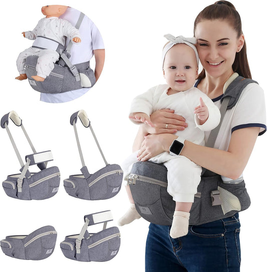 360° Ergonomic Baby Carrier with Hip Seat – Adjustable Newborn to Toddler (8–45 lbs, Grey) | حاملة أطفال مريحة وقابلة للتعديل